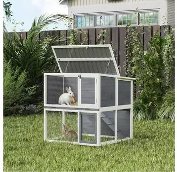 Pawhut Holz Doppelstock Freilaufgehege 98x95x102,5 cm grau