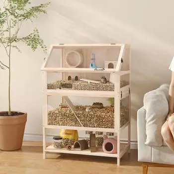 Pawhut Holz Kleintierk&auml;fig mit 3 Etagen 80 x 53 x 117 cm Natur