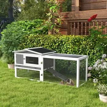 Pawhut Holz Hasenstall mit 2 Ebenen 156x58x68 cm hellgrau