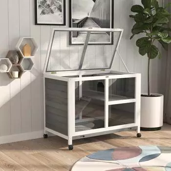 Pawhut Holz Kaninchenstall mit 2 Etagen 91,5 x 53,3 x 73 cm grau
