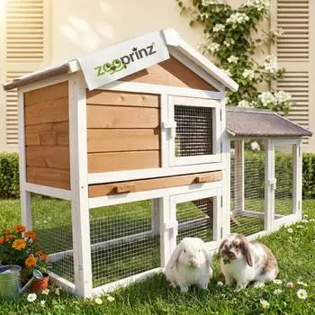 Zooprinz Kaninchenstall Vollholz braun-wei&szlig; 146x86x50 cm