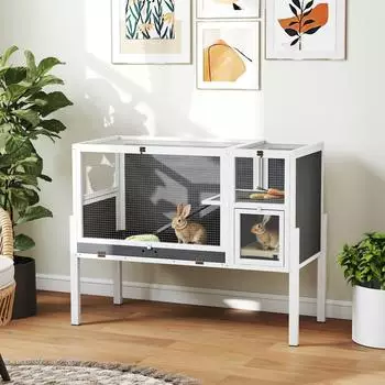 Pawhut Holz Hasenstall umbaubar mit Rampe 120 x 53 x 93 cm grau