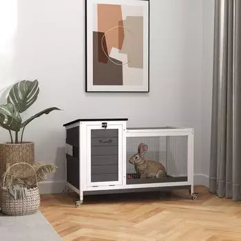 Pawhut Holz Kleintierstall mit Freilaufgehege 92 x 52 x 67 cm dunkelgrau