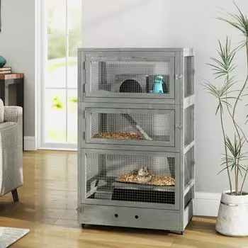 Pawhut Zwerghamsterk&auml;fig Holz, 4 Etagen, grau, 65x45x109cm (D51-444V00GY)