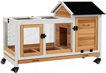Pawhut Kleintierstall mit Freilaufgehege, R&auml;dern und Klappdach, Holz, 108x58x73,5cm