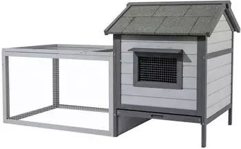 Wiltec Hasenstall 2-etagig mit Freilaufgehege, Holz, hellgrau, 146x75x83cm (52409)