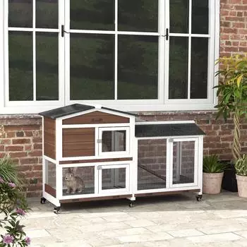 Pawhut Kleintierstall 2 Etagen, Tannenholz, mit Rollen, 157,4x53x99,5cm