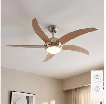 V-TAC LED Deckenventilator mit Fernbedienung, Timer, 3 Stufen, 132cm, Flügel MDF Braun, Metall Silber, Glas Opal