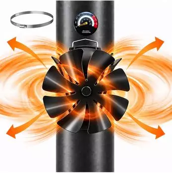 Relaxdays Kaminventilator 8 Bl&auml;tter, magnetisch, mit Thermometer, schwarz, Aluminium