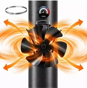 Relaxdays Kaminventilator 6 Bl&auml;tter, magnetisch, mit Thermometer, Aluminium, schwarz