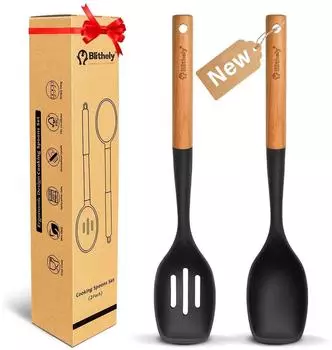 LuxusKollektion Silikon-Kochlöffel-Set 2-tlg., schwarz mit Holzgriff
