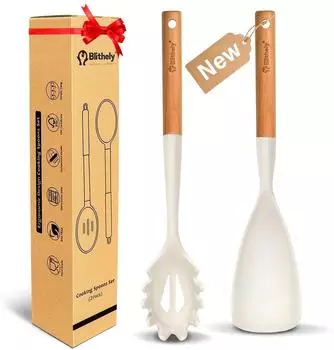 LuxusKollektion Silikon Nudellöffel & Kochwender Set mit Holzgriff, weiß, 2-teilig