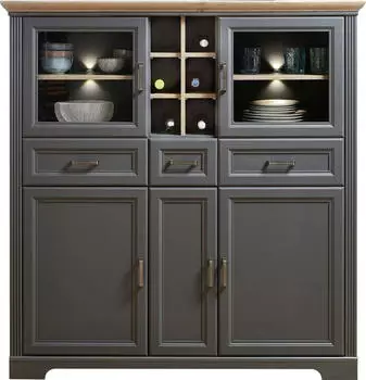 Innostyle Highboard Jasmin 2 Glas-/Holzt&uuml;ren 8 offene F&auml;cher inkl. LED-Beleuchtung Graphit/Eiche-Optik (38343757)
