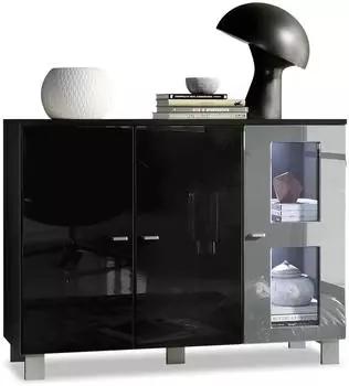 Vladon Denjo (mit 3 Türen) Schwarz matt glänzend/Grau glänzend mit Beleuchtung (107 x 81 x 35 cm) Tür in Grau Hochglanz (800000608960)
