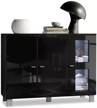 Vladon Denjo (mit 3 T&uuml;ren) Schwarz matt/Schwarz Hochglanz inkl. LED-Beleuchtung (107 x 81 x 35 cm) T&uuml;r in Schwarz Hochglanz (800000608931)