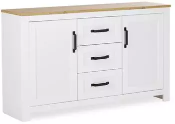 Homestyle4u Weiß Anrichte Schrank Landhaus 3 Schubladen Eicheplatte Schwarze Griffe (2497)