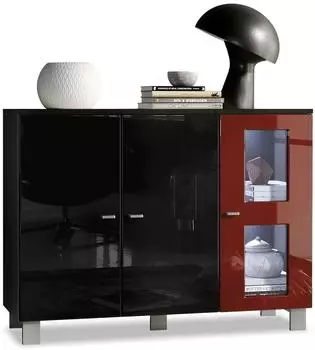 Vladon Denjo (mit 3 T&uuml;ren) Schwarz matt gl&auml;nzend/Bordeaux gl&auml;nzend mit Beleuchtung (107 x 81 x 35 cm) T&uuml;r in Bordeaux Hochglanz (800000608938)