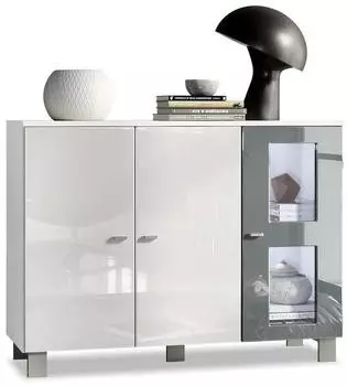 Vladon Denjo (mit 3 Türen) Weiß matt/Weiß glänzend/Grau glänzend mit Beleuchtung (107 x 81 x 35 cm) Tür in Grau Hochglanz (800000609120)