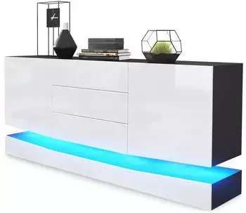 Vladon City (mit 2 T&uuml;ren und 3 Schubladen inkl. LED-Beleuchtung) Schwarz matt/Wei&szlig; Hochglanz (178 x 72 x 38 cm) Fronten in Wei&szlig; Hochglanz (50002795)