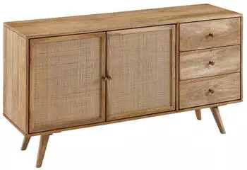 Mid.you Wohnling Design 140 x 75 x 40 cm Mango Massivholz / Rattan 3 (Schubladen Hoher Kommodenschrank ) Schubladen Hoher Kommodenschrank (WL6.159)