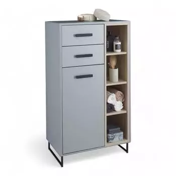 home24 BEGA BBK Badkommode Tür 2 Schübe 4 Fächer grau matt / sonoma eiche 65 x 116 x 38 cm (45-029-CL)