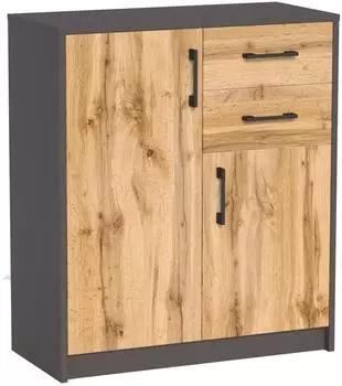 Home Collective mit 2 Schubladen und 2 Türen in matter Ausführung 74 cm breit Holz Schrank mit Schubladen Graphit-Eiche (K4888)