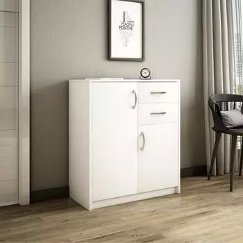 Home Collective mit 2 Schubladen und 2 Türen in matter Ausführung 74 cm breit Holz Schrank mit Schubladen Weiß (K4887)
