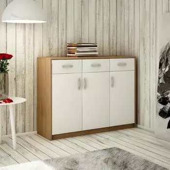 Home Collective mit 3 Schubladen und 3 Türen in matter Ausführung 110 cm Holz Schrank mit Schubladen sonoma weß (K4928)