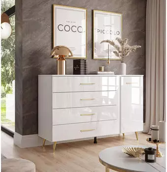Lookway AURA II mit Schubladen und LED Beleuchtung Weiß / Weiß hochglan mit schräge Gold Chrom Beine (800001089682)