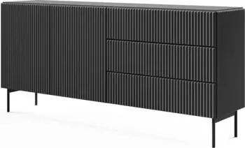 Bettso Design- TUTTI – schwarz 177 cm 3 Schubladen 2 Türen Rillenfront Push-to-Open Metallfüße (800001232330)
