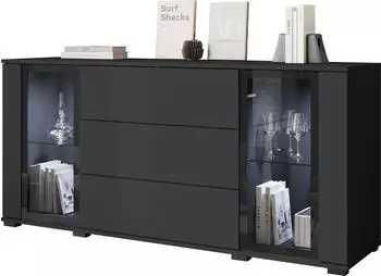 Mirjan24 Caro SB 150 2D3S (mit zwei Drehtüren drei Schubladen) Fronten und Einlegeböden aus gehärtetem Glas Schwarz Korpus: Schwarz (800001031080)