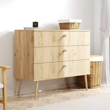 Bettso 3 Schubladen Moderne im skandinavischen Stil auf Holzbeinen Griffe aus Jute für Wohnzimmer Schlafzimmer IKON Goldene Eiche (800000794525)