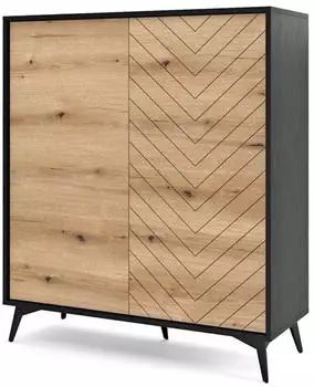 Bettso Hohe DIAMOND – Gefräte Jodeh-Muster – PUSH TO OPEN – Eiche Evoke + Schwarz Matt – 2 Türen – 5 Schwarze Metallbeine 104 x 105 x 39 cm (800000985998)