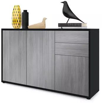 Vladon Sideboard Ben V3 3 T&uuml;ren, 2 Schubladen, Schwarz matt/Avola-Anthrazit (50002743)