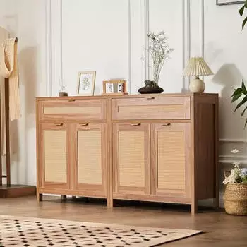 VEVOR Rattanschrank Sideboard 2er-Set, 4 Magnett&uuml;ren, 2 Schubladen, verstellbare Regale, Natur
