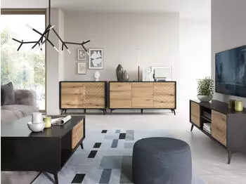 Selsey Boulia Sideboard 3-t&uuml;rig, Schwarz/Eiche Fischgr&auml;tmuster, 154cm