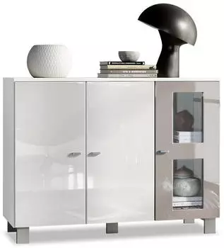 Vladon Denjo Sideboard 3 T&uuml;ren, Wei&szlig; matt/Wei&szlig; Hochglanz/Sandgrau Hochglanz (50005336)