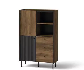 Beautysofa Piano Highboard 2 Türen, 3 Schubladen, Schwarz/Nussbaum, 88x140x40cm