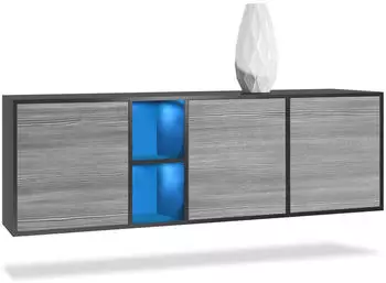 Vladon Cuba Sideboard 3 T&uuml;ren 2 offene F&auml;cher Schwarz matt/Avola-Anthrazit LED 182x53x35cm