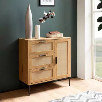 Finebuy Sideboard Eiche Rattan 80x82x36cm, 3 Schubladen & 1 T&uuml;r (FB104164)