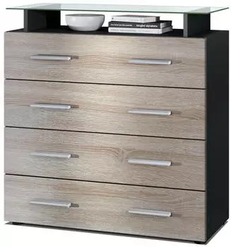 Vladon Pavos V2 Kommode 4 Schubladen Glasablage Schwarz matt/Eiche s&auml;gerau (50006558)
