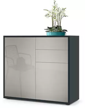Vladon Ben Kommode 2 T&uuml;ren 2 Schubladen Schwarz matt/Sandgrau Hochglanz (79x74x36cm)