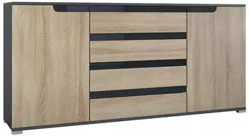 Vladon Sideboard Sylt V2 2 T&uuml;ren, 4 Schubladen, Anthrazit matt / Eiche s&auml;gerau / Schwarz Hochglanz (166,5x75,5x35cm)