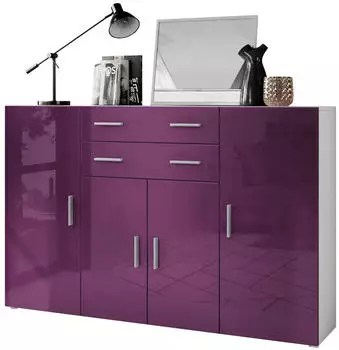 Vladon Aron Highboard 4 T&uuml;ren, 2 Schubladen, Wei&szlig; matt/Brombeer Hochglanz (166,5x106,5x35cm)