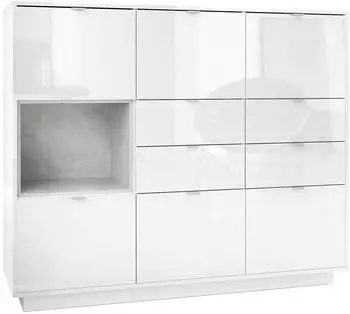 Vladon Metro V2 Highboard 6 T&uuml;ren, 4 Schubladen, Wei&szlig; Hochglanz / Beton Oxid Optik (50004876)