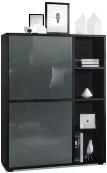 Vladon Cuba Highboard 2 T&uuml;ren, 4 offene F&auml;cher, Schwarz matt / Grau Hochglanz (50009279)