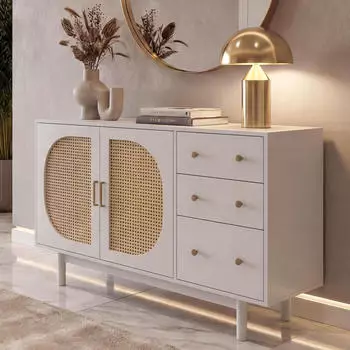 MCW Sideboard P52 Poly-Rattan MDF Melamin 80x120x40cm, wei&szlig; (100666)