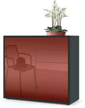 Vladon Ben Sideboard 2 Türen 2 Schubladen, Schwarz matt/Bordeaux Hochglanz (79x74x36cm)