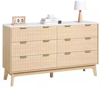 VEVOR Geriffelte Kommode 6 Schubladen, Helles Holz, Kippschutz
