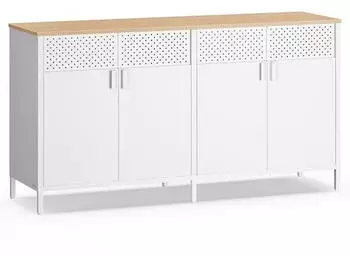 Songmics Aufbewahrungsschrank Metall 4 T&uuml;ren Verstellbarer Einlegeboden 40x141x76cm Wolkenwei&szlig;-Eichenbeige (LSC205WC01)